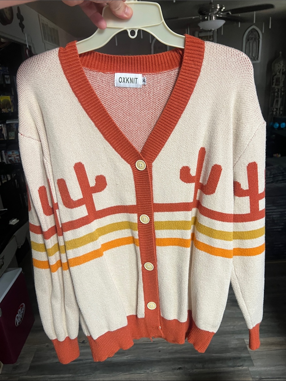 OXKNIT XL Cream and Rust Cactus-Stripe Cardigan Sweater